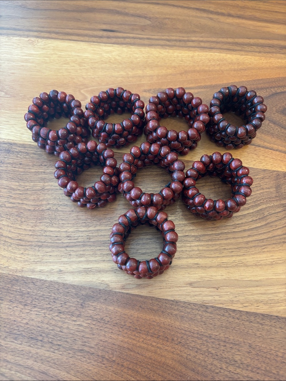 Crate & Barrel Mahogany Wood Red Beaded Napkin Rings Set of 8